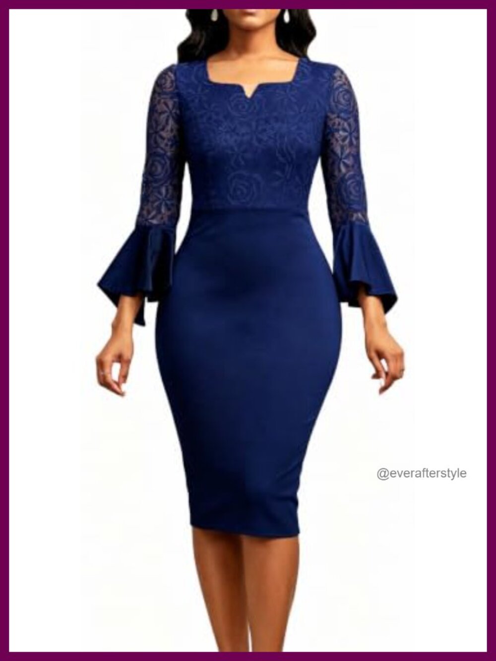 Womens Midi Lace Bodycon Dress Long Sleeve Fishtail Formal Cocktail